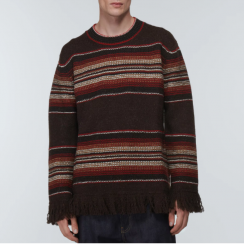 Men Loose Knit Pullover Vintage Multicolor Stripe Fringe Hem Wool Sweater